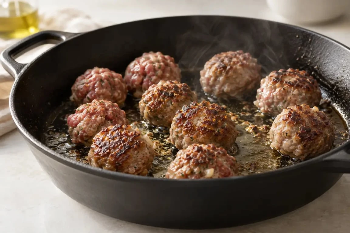 Dorure des boulettes de viande italienne à la poêle avant cuisson en sauce