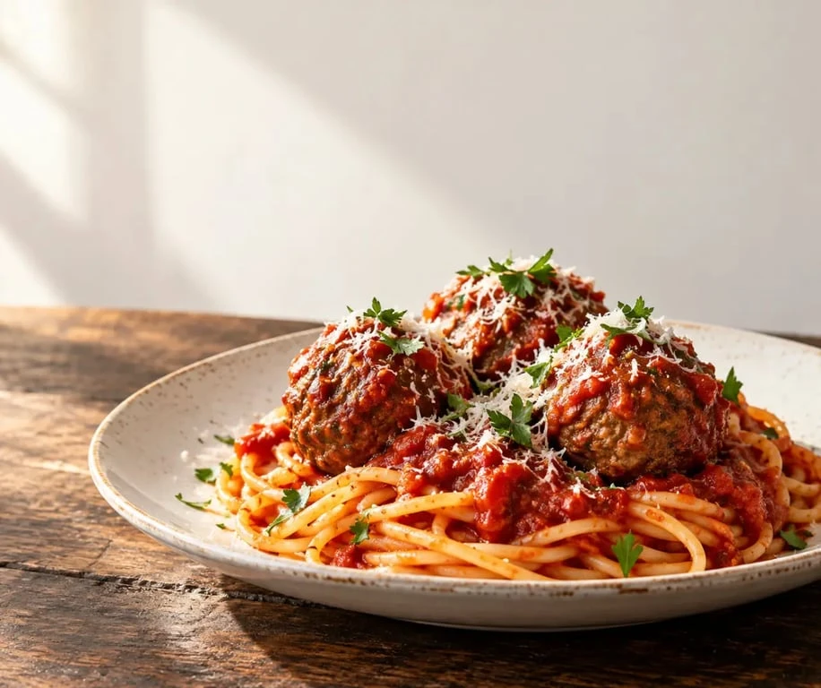 Recette boulette de viande italienne servie avec des spaghetti et sauce tomate