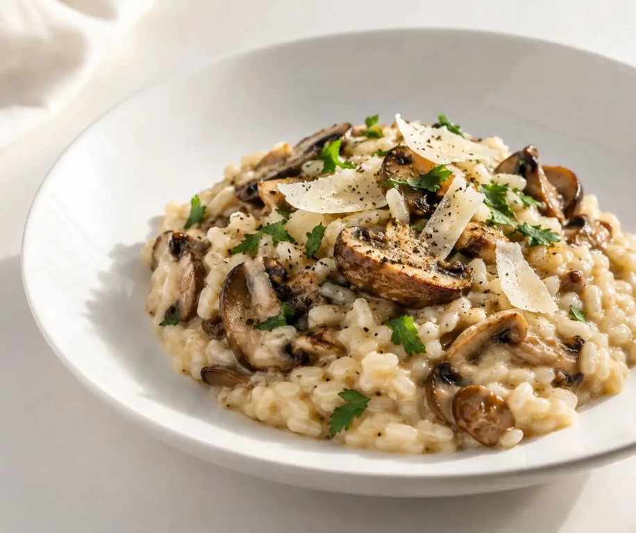 Recette risotto aux champignons italien crémeux servi avec parmesan et persil