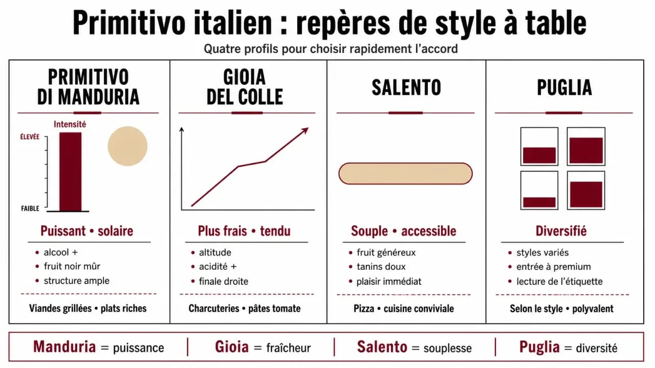 Comparatif du primitivo vin italien selon Manduria, Gioia del Colle, Salento et Puglia