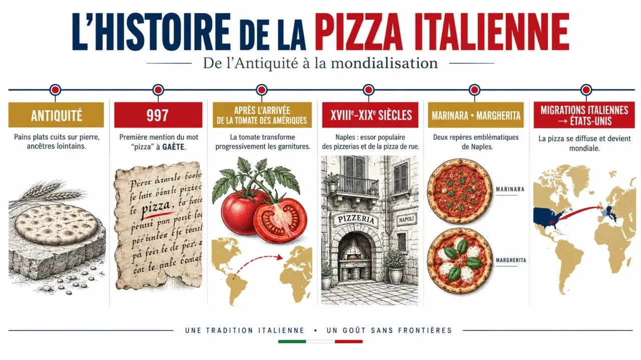 Frise chronologique de l’histoire de la pizza italienne, de l’Antiquité à la mondialisation