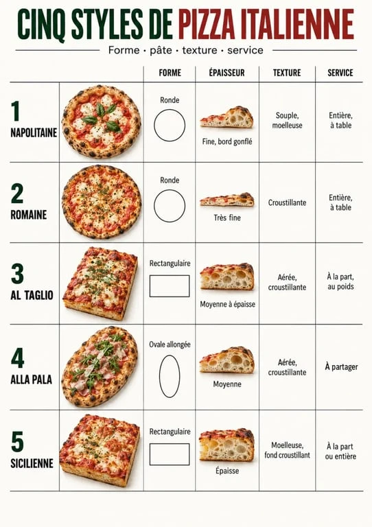 Infographie comparative des principaux styles de pizza italienne
