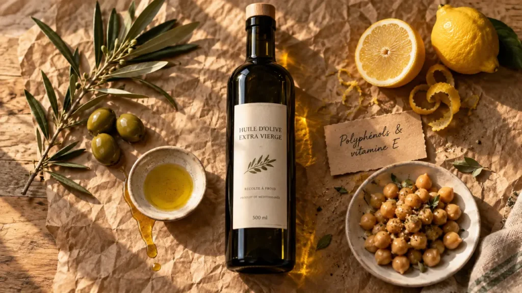 Les bienfaits de l’huile d’olive reposent sur sa composition, avec des usages précis pour le cœur, la peau et la cuisson