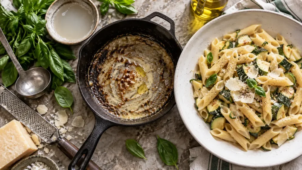 Pâtes aux courgettes à l’italienne : l’eau de cuisson qui crée une sauce crémeuse