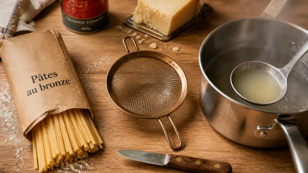 Pâtes italiennes haut de gamme : semoule de blé dur, tréfilage bronze et séchage lent