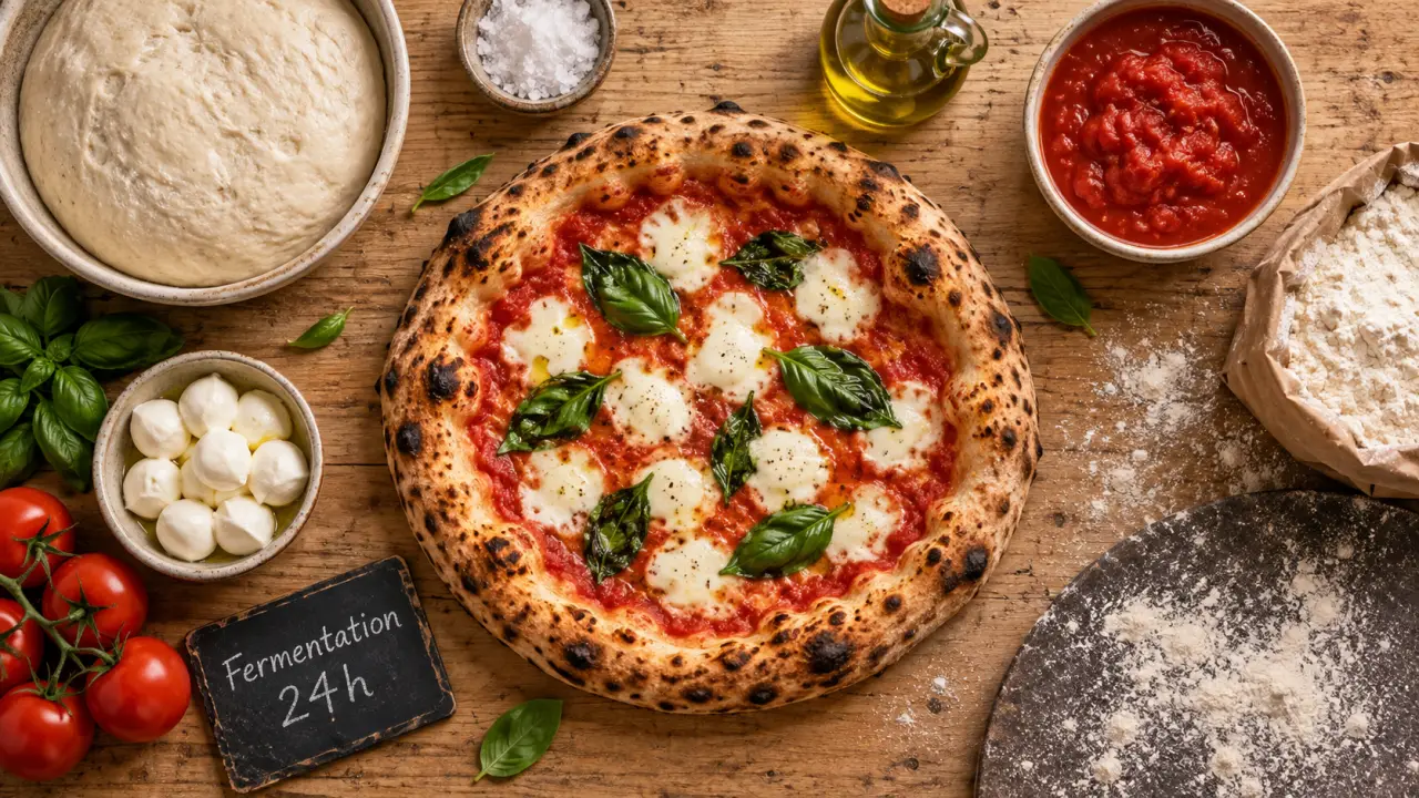 Pizza italienne Margherita napolitaine, cuisson au four, fermentation 24h