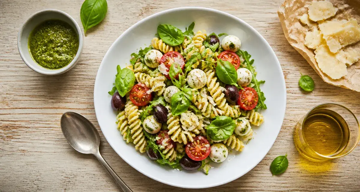 Salade italienne recette : pâtes, tomates, mozzarella, roquette, pesto