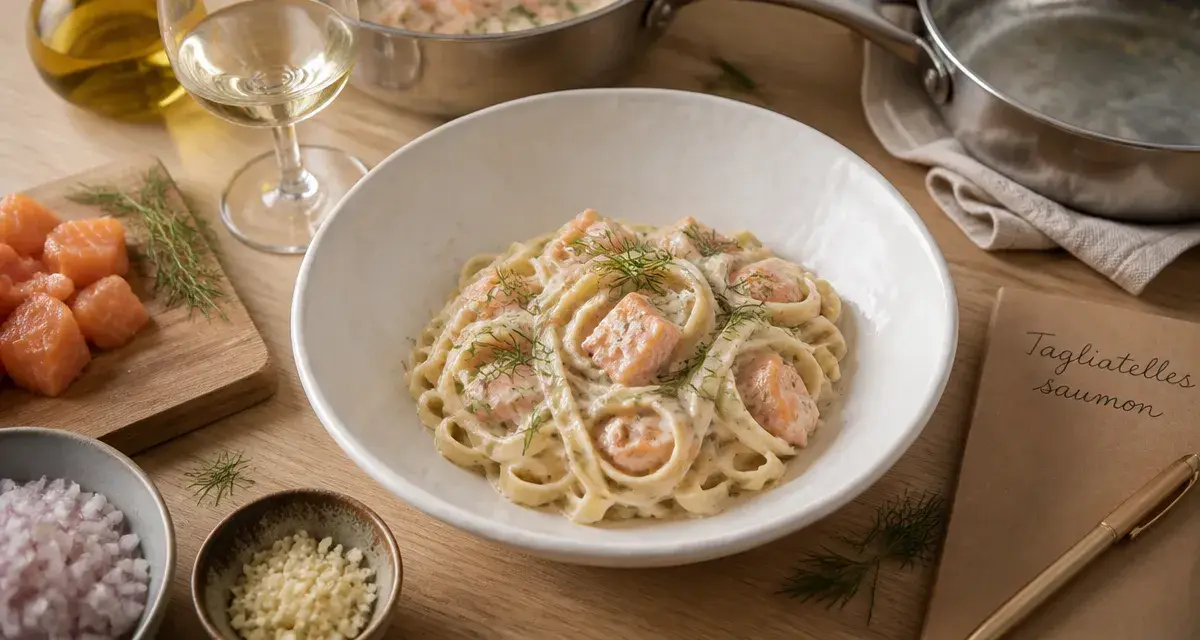 Tagliatelle au saumon frais recette italienne, sauce crème et aneth