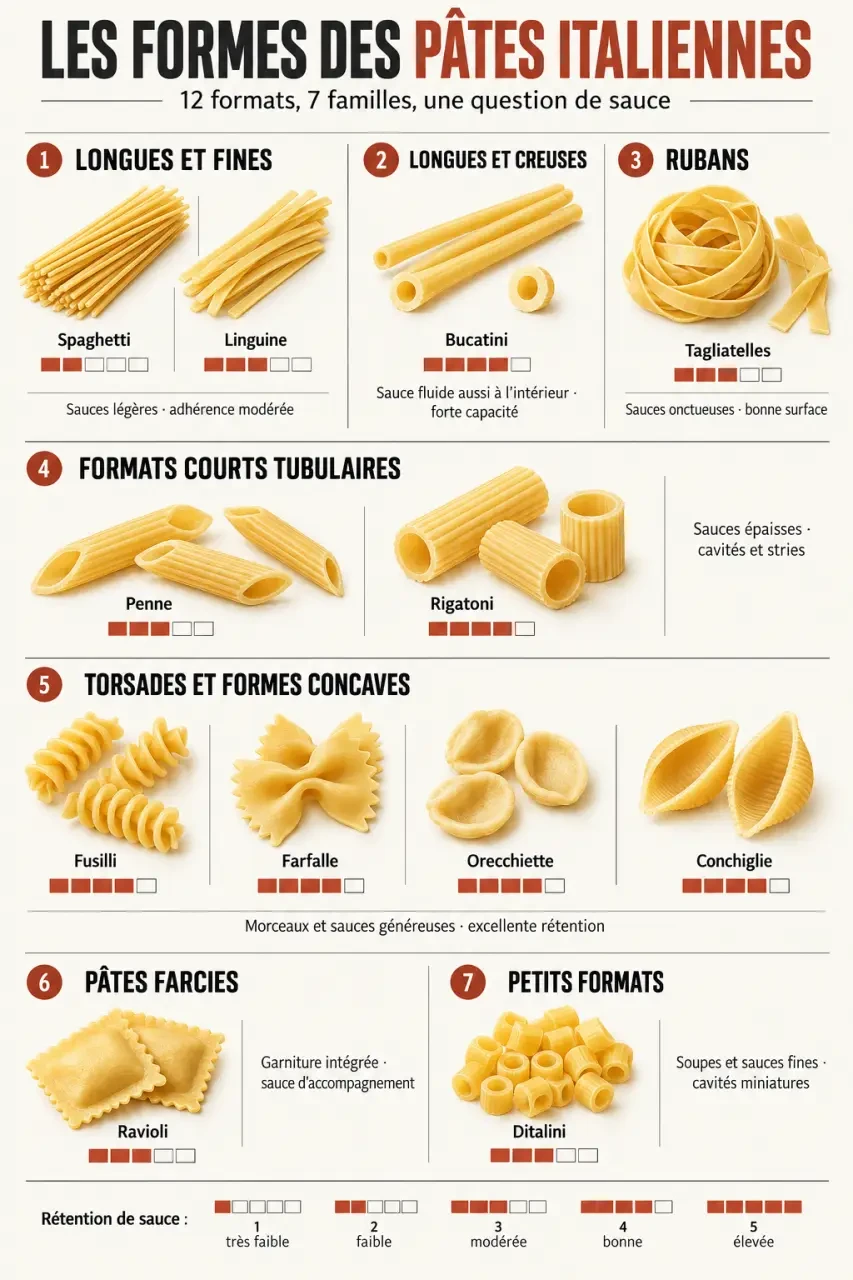 Infographie des principales sortes de pâtes italiennes classées par forme et par famille