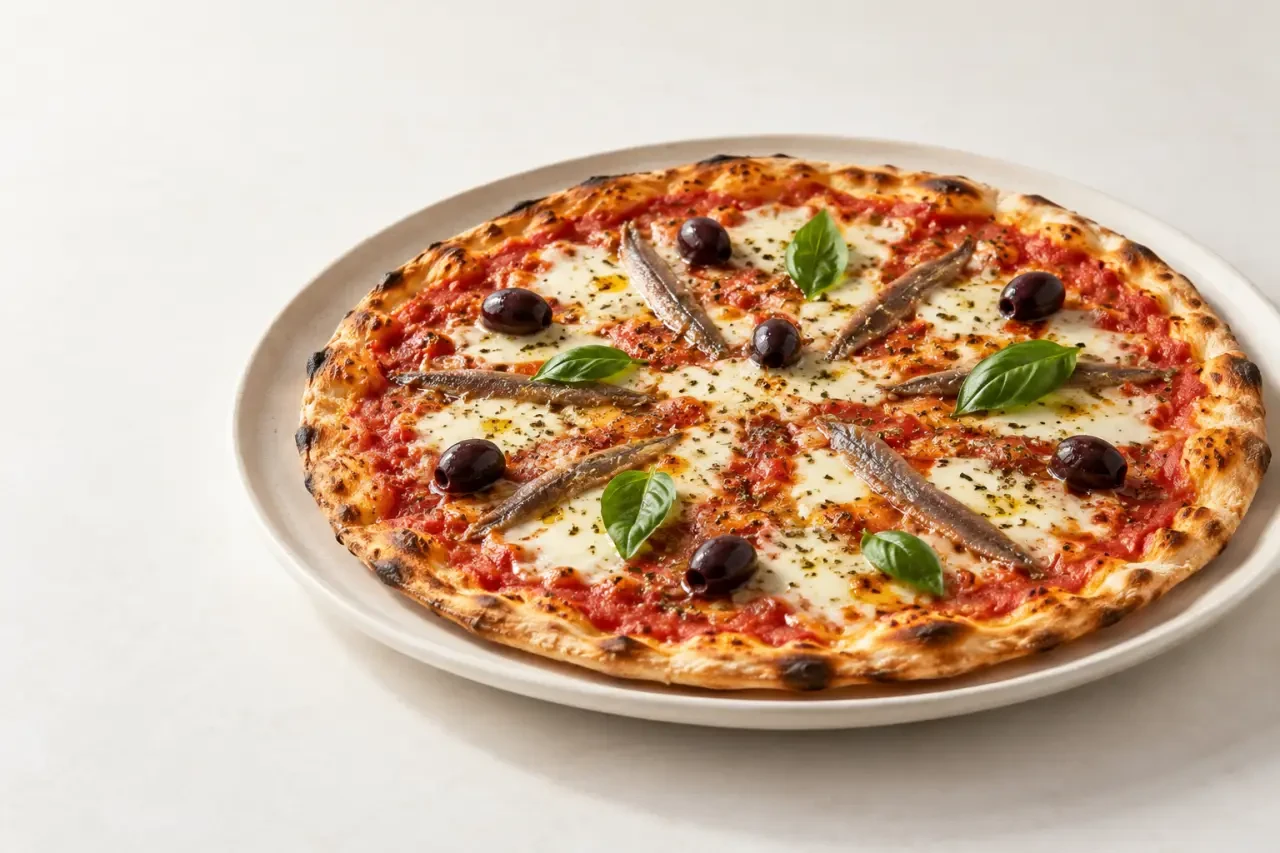 Pizza anchois recette italienne avec mozzarella, olives et basilic