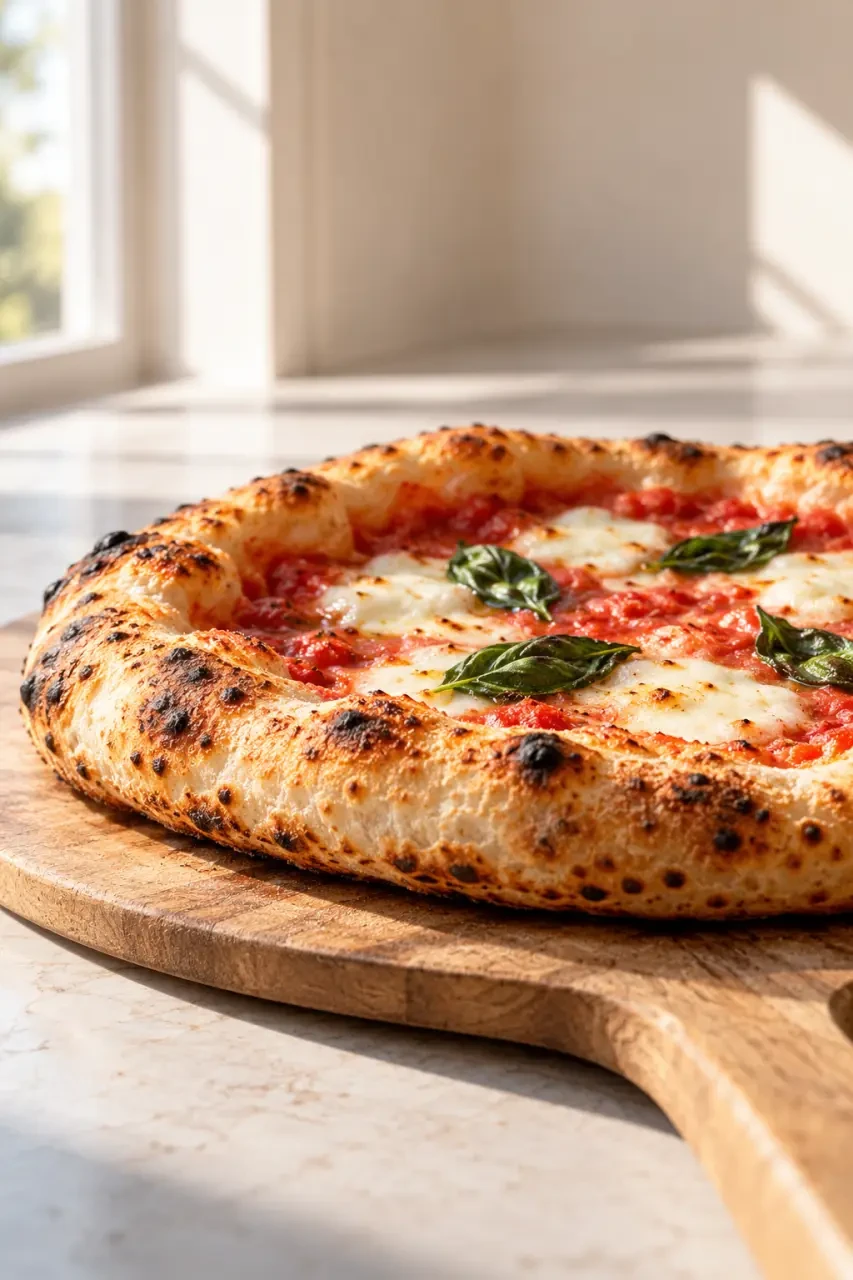 Pâte à pizza levure fraîche italienne cuite, avec bordure moelleuse et base croustillante