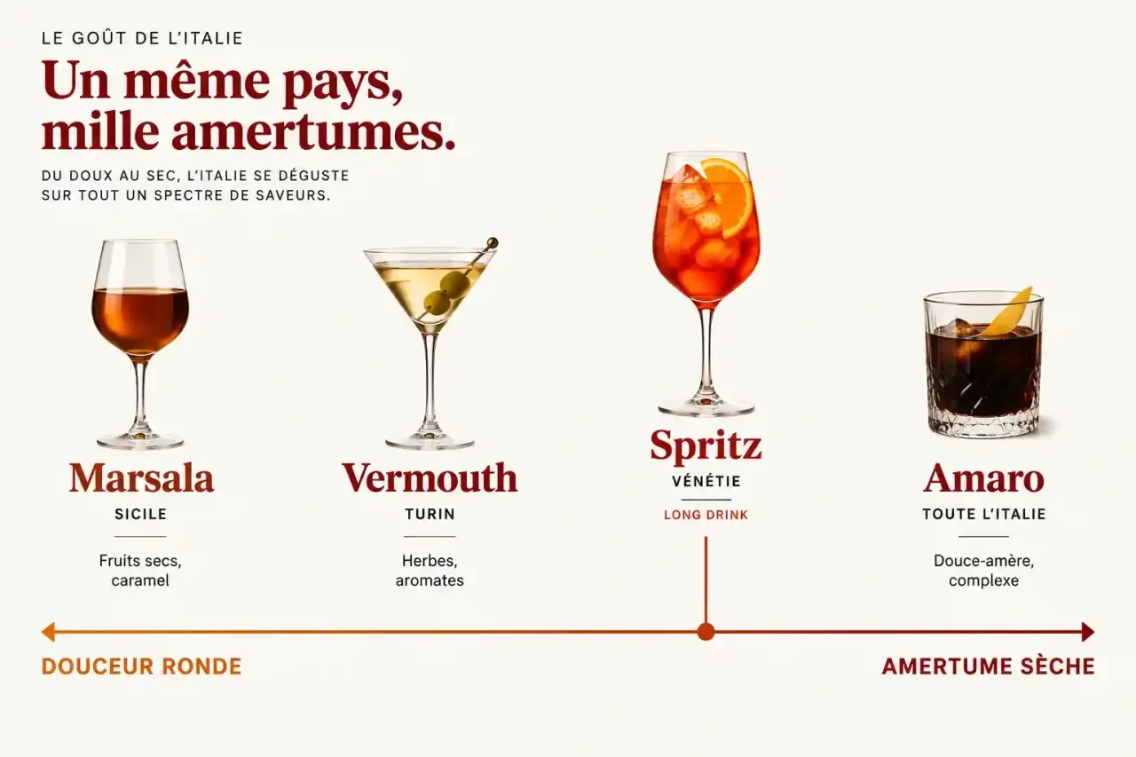 Apéritif italien vin cuit : axe de dégustation comparant Marsala, vermouth et amaro, de la douceur à l'amertume
