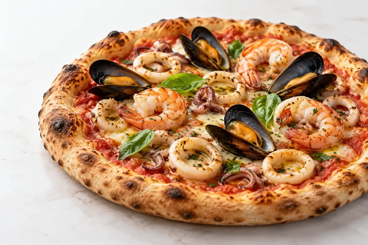 Pizza fruits de mer recette italienne avec moules, crevettes et calamars