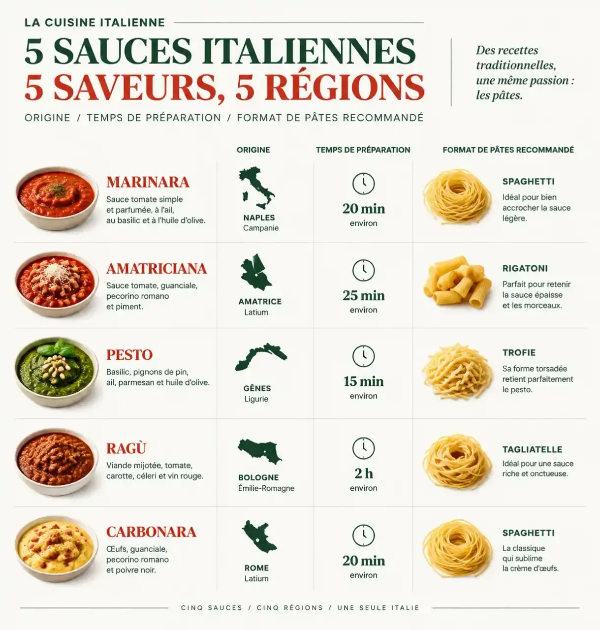 Infographie comparant les sauces italiennes pour pâtes selon l'origine, le temps de préparation et le format de pâtes recommandé