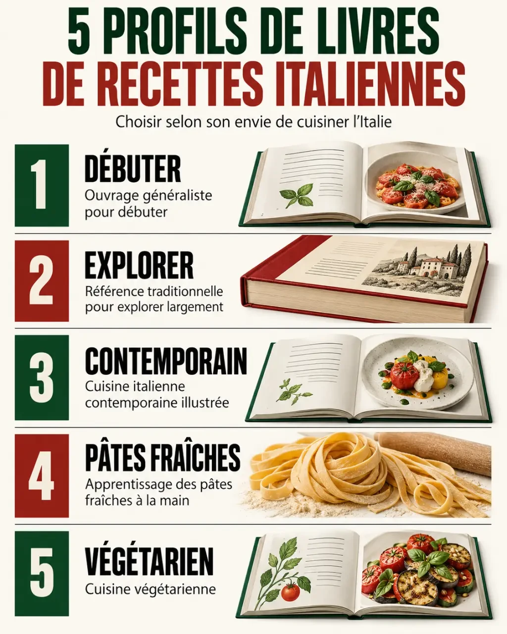 Livres de recettes italiennes classés par usage : cuisine généraliste, pâtes fraîches, cuisine contemporaine et recettes végétariennes