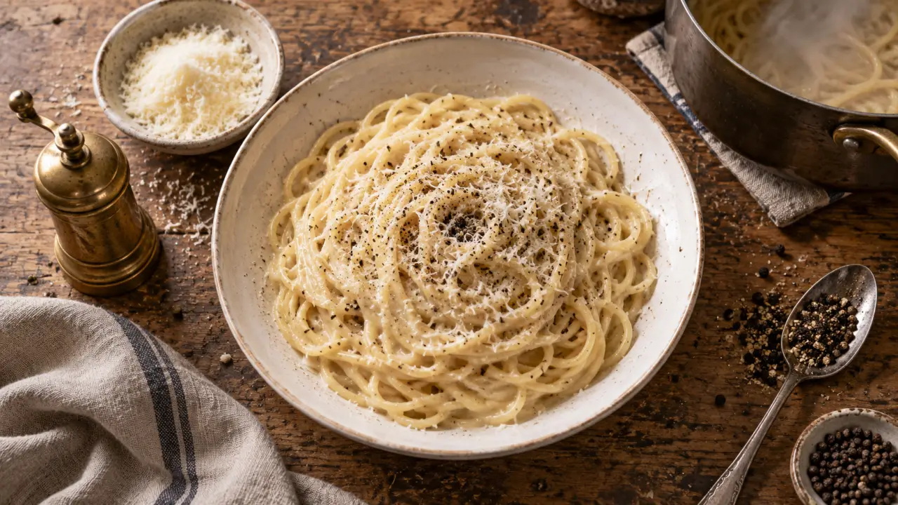 Gastronomie italienne : spaghetti cacio e pepe et pecorino, poivre