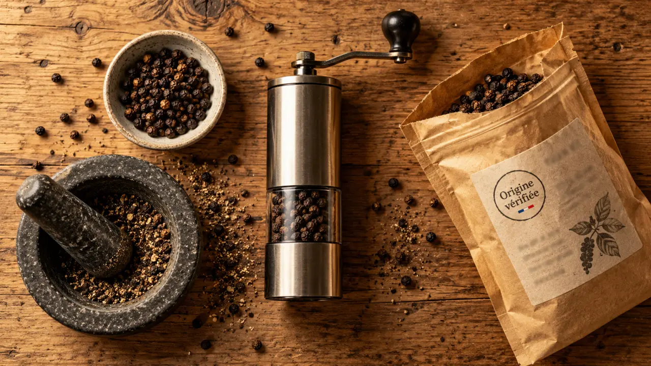 Poivre noir en grain, grains entiers et moulin manuel sur planche bois