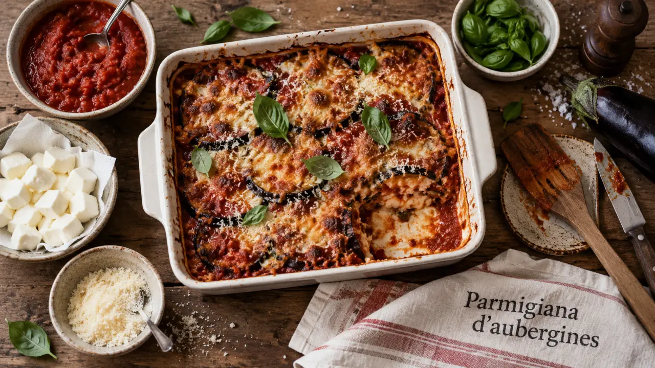 Recette italienne aubergine tomate mozzarella : parmigiana d’aubergines au gratin fondant