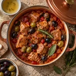 Sauté de veau aux olives recette italienne : cocotte et sauce nappante aux olives