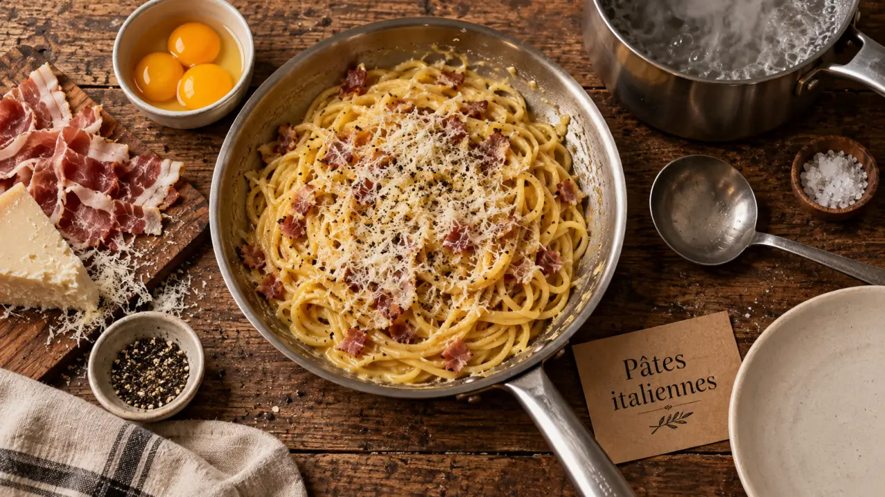 Spécialité pâtes italiennes : carbonara, spaghetti nappés