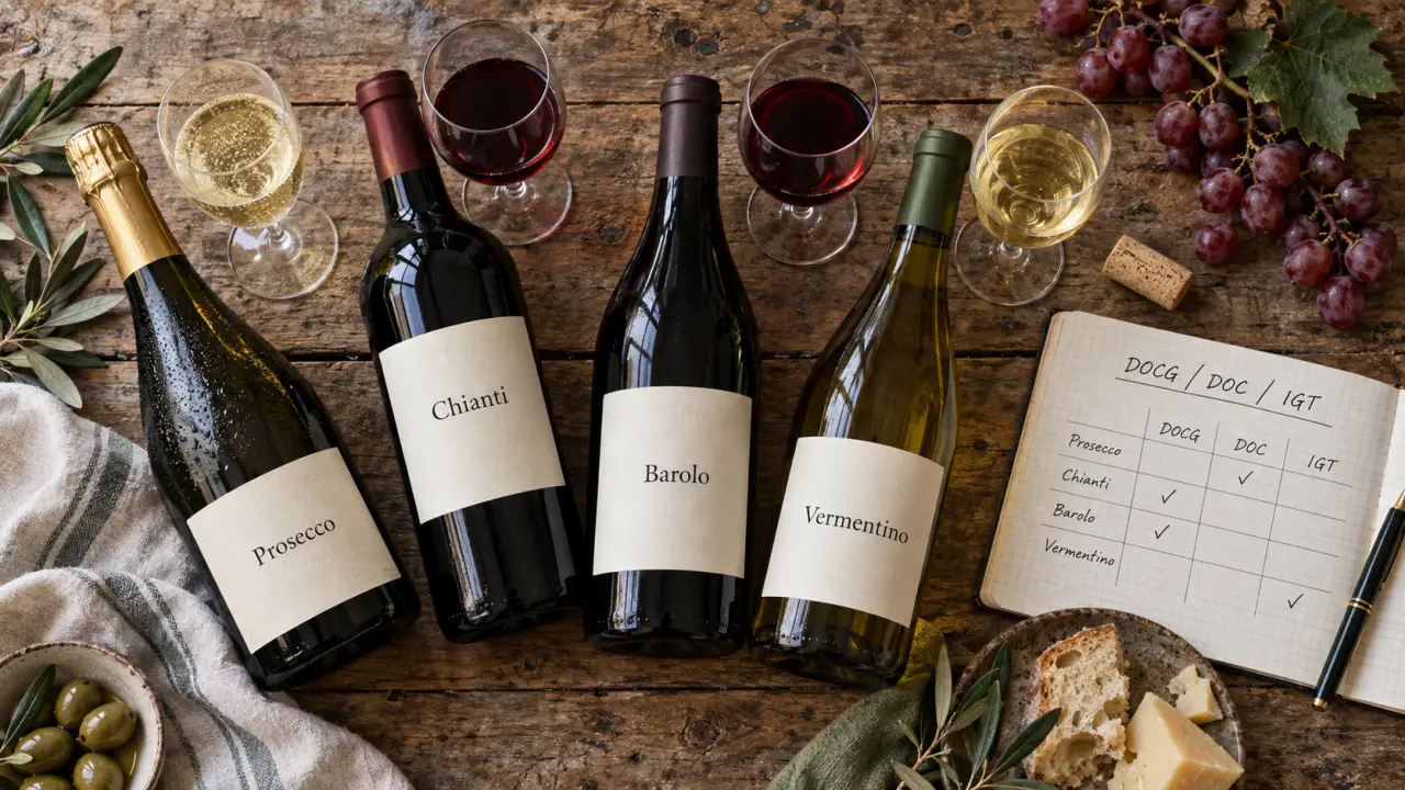Vins Italie : Prosecco, Chianti et Barolo sur table en bois